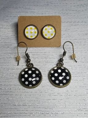 Polka Dot Earrings (2 Pairs)- Black & White Drops + Yellow & White Studs